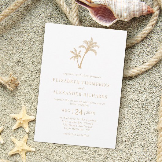 Tropical Palm Tree Beach Sand Beige Hochzeit Einladung