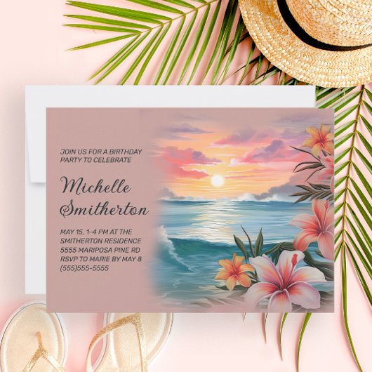 Tropical Palm Tree Beach Sunset Birthday Einladung