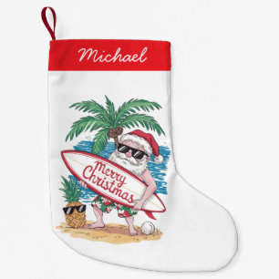 Tropical Palm Tree Beach Surfen Santa Kleiner Weihnachtsstrumpf