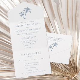 Tropical Palm Tree Beach Wedding Dusty Blue All In One Einladung