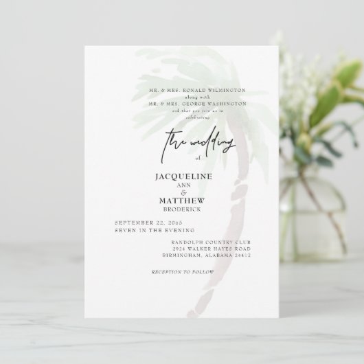 Tropical Palm Tree Beide Eltern Hochzeit Einladung (Stehend Vorderseite)
