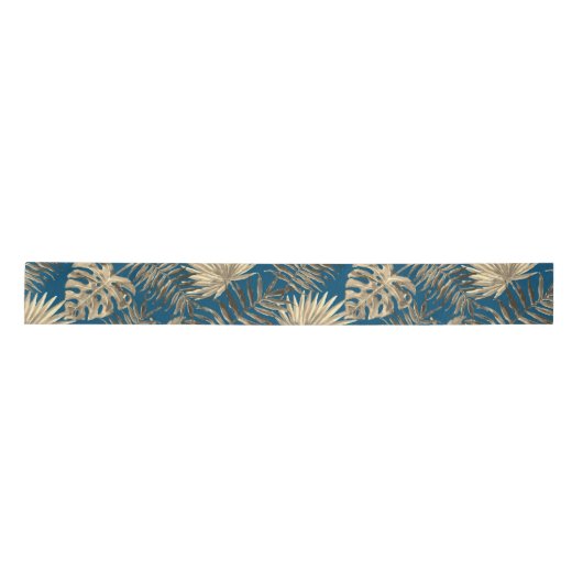 Tropical Palm Tree Blätter Muster Aquamarin Blue G Satinband (Vorderseite)