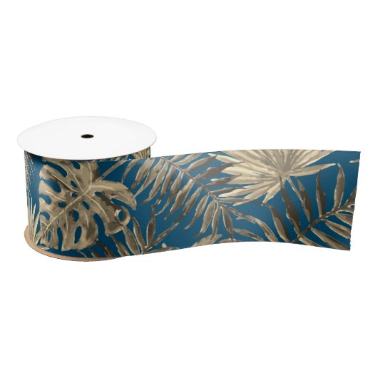 Tropical Palm Tree Blätter Muster Aquamarin Blue G Satinband (Spule)