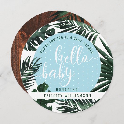 Tropical Palm Tree Blätter & Wood Boy Baby Shower Einladung (Vorne/Hinten)