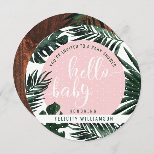 Tropical Palm Tree Blätter & Wood Girl Baby Shower Einladung (Vorne/Hinten)