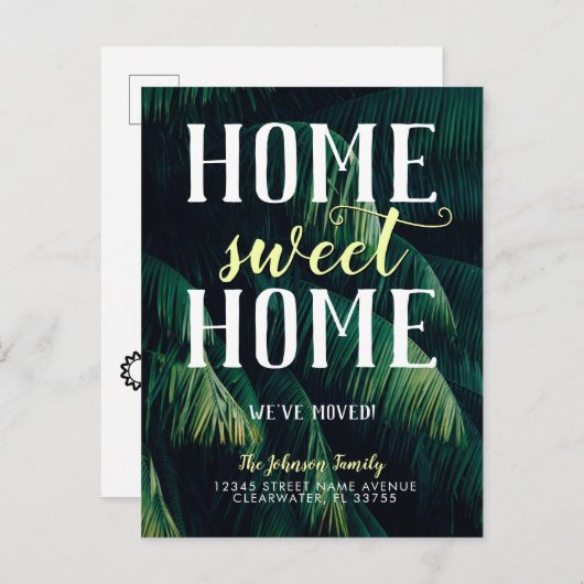 Tropical Palm Tree Blätter Zuhause Sweet Zuhause M Ankündigungspostkarte (Vorne/Hinten)