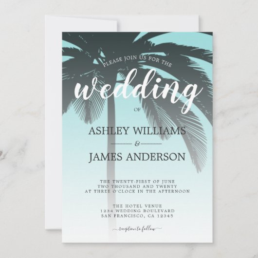 Tropical Palm Tree Blue Beach Hochzeit Einladung (Vorderseite)