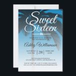 Tropical Palm Tree Blue Sweet 16. Geburtstag Einladung<br><div class="desc">Moderne tropisch blaue Omelette Sweet 16 Geburtstagseinladung mit Palmenhintergrund. Das helle Ibiza-Blau verblasst auf einem weißen Hintergrund. Der Text "16 . Geburtstag" in Weiß ist Set in der modernen Schrift. Elegante 16. Geburtstagsfeier für ein glamouröses 16 . Geburtstag, das perfekt für sie ist, die Modeerscheinung, die modernes Design, Luxus und...</div>