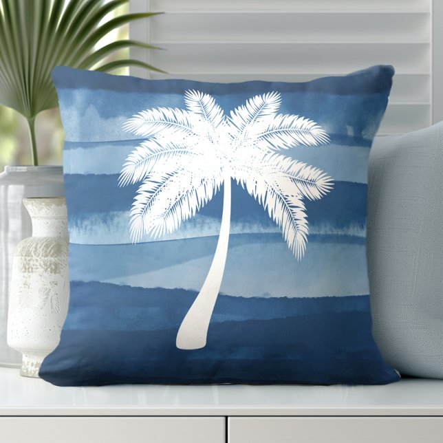 Tropical Palm Tree Blue White Kissen (Discover our Elegant Coastal Throw Pillows in Blue & White.)