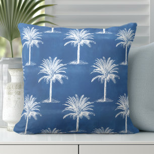 Tropical Palm Tree Blue White Pattern Throw Kissen