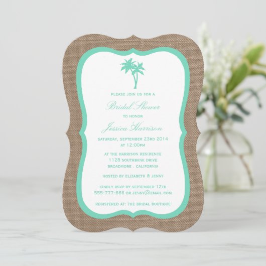 Tropical Palm Tree Burlap Beach Brautparty Einladung (Stehend Vorderseite)