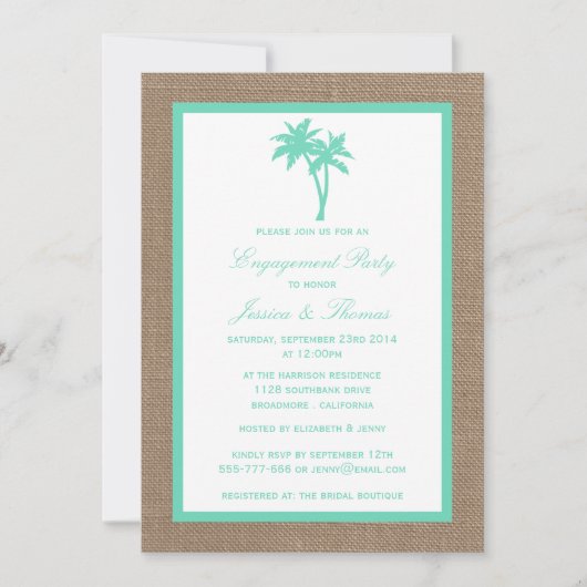 Tropical Palm Tree Burlap Beach Engagement Party Einladung (Vorderseite)