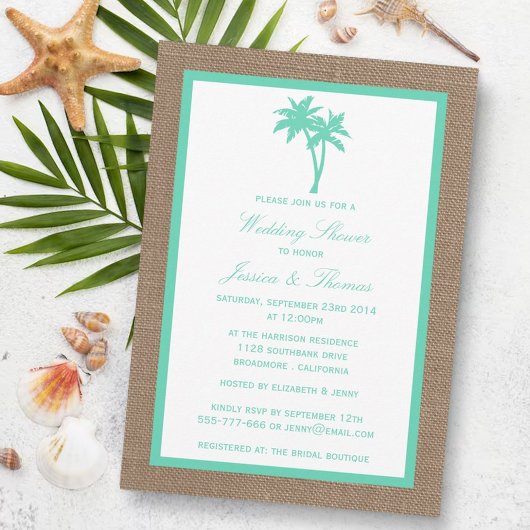 Tropical Palm Tree Burlap Beach Hochzeitsdusche Einladung