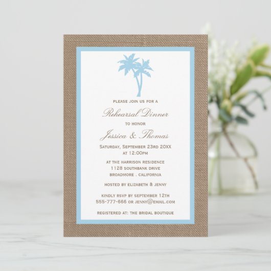 Tropical Palm Tree Burlap Beach Probe Dinner Einladung (Stehend Vorderseite)