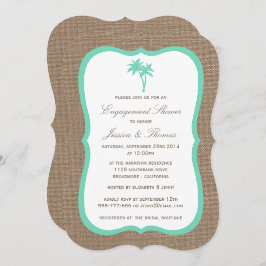 Tropical Palm Tree Burlap Beach Verlobung Dusche Einladung (Vorne/Hinten)