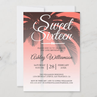 Tropical Palm Tree Coral Sweet 16. Geburtstag Einladung