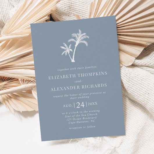 Tropical Palm Tree Dusty Blue Beach Hochzeit Einladung