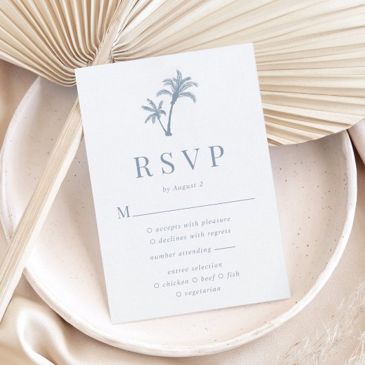 Tropical Palm Tree Dusty Blue Beach Hochzeit RSVP Karte