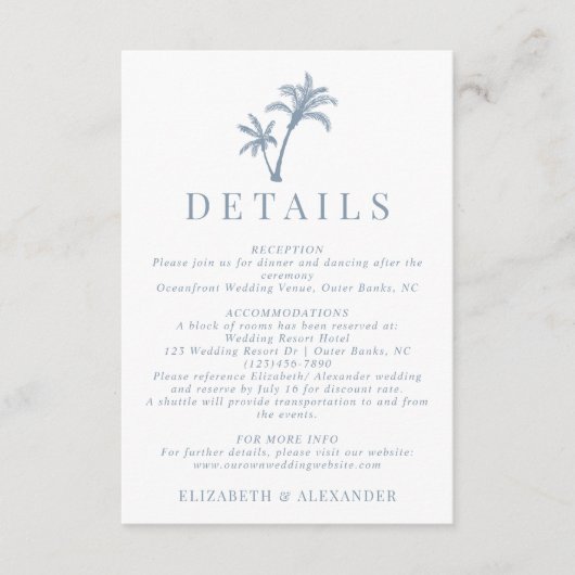 Tropical Palm Tree Dusty Blue Wedding Details Begleitkarte (Vorderseite)