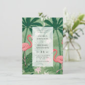 Tropical Palm Tree Flamingo Destination Wedding Einladung (Stehend Vorderseite)