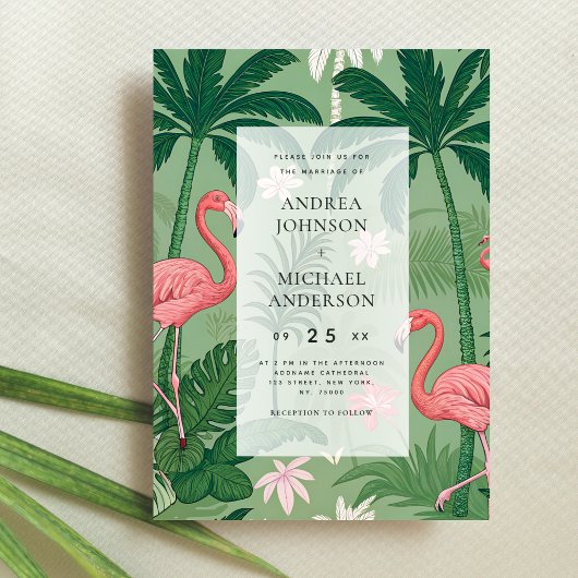 Tropical Palm Tree Flamingo Destination Wedding Einladung