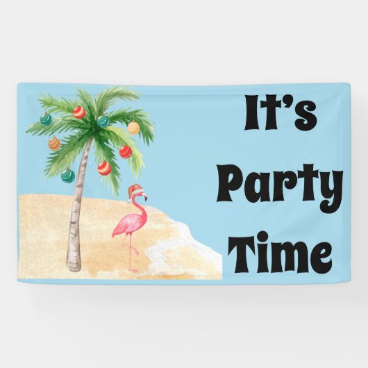 Tropical Palm Tree Flamingo Holiday Party Banner (Horizontal)