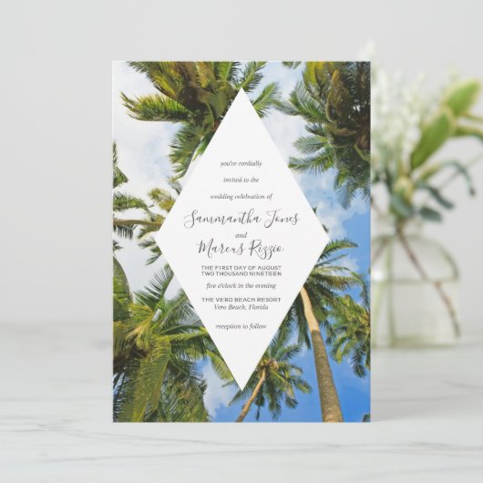 Tropical Palm Tree Florida Beach Wedding Einladung (Stehend Vorderseite)