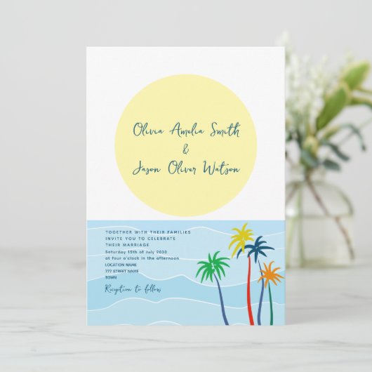 Tropical Palm Tree Foto Wedding Einladung (Stehend Vorderseite)