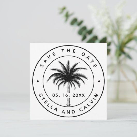 Tropical Palm Tree Foto Wedding Save The Date (Stehend Vorderseite)