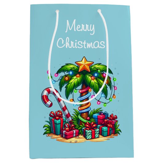 Tropical Palm Tree Frohe Weihnachten Mittlere Geschenktüte (Vorderseite)