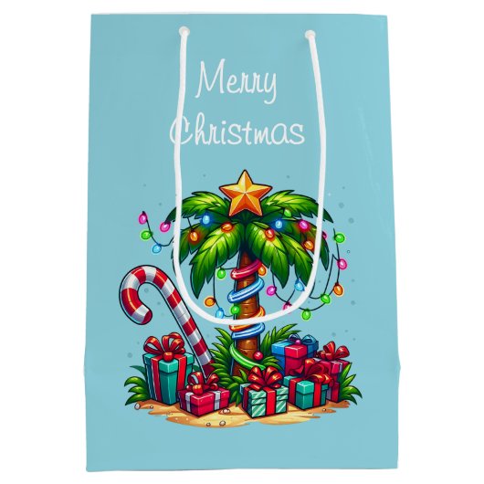 Tropical Palm Tree Frohe Weihnachten Mittlere Geschenktüte (Rückseite)