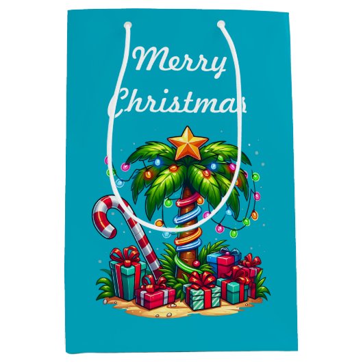 Tropical Palm Tree Frohe Weihnachten Mittlere Geschenktüte (Vorderseite)