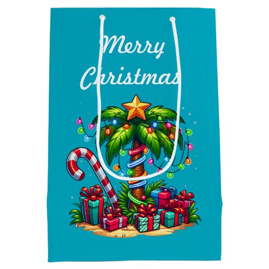 Tropical Palm Tree Frohe Weihnachten Mittlere Geschenktüte (Rückseite)