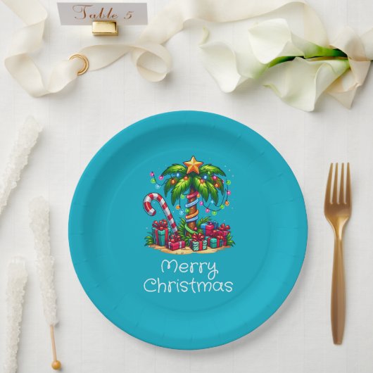 Tropical Palm Tree Frohe Weihnachten Pappteller (Hochzeit)
