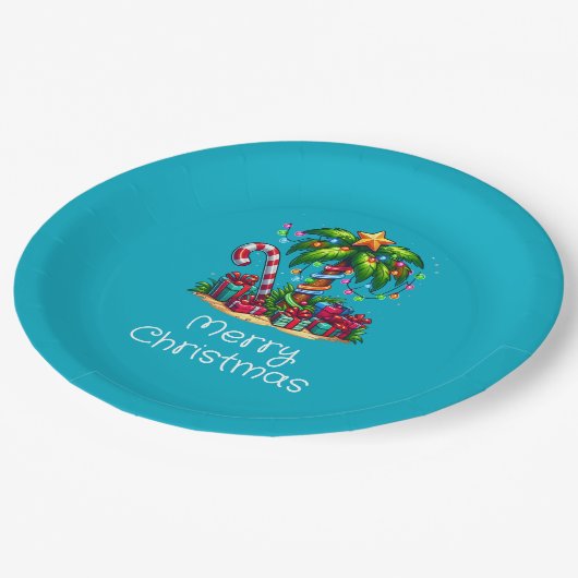 Tropical Palm Tree Frohe Weihnachten Pappteller (Schrägansicht)