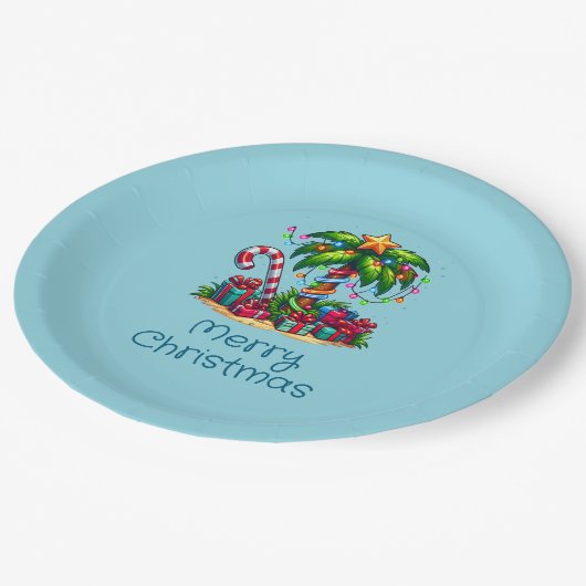Tropical Palm Tree Frohe Weihnachten Pappteller (Schrägansicht)