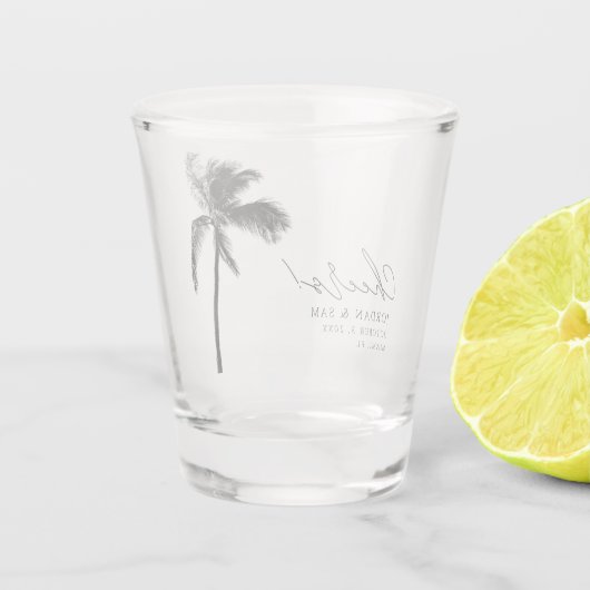 Tropical Palm Tree Gastgeschenk Hochzeit Cheers Mo Schnapsglas (Rückseite)