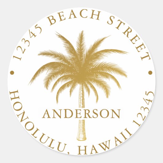 Tropical Palm Tree Gold Rücksendeadresse Runder Aufkleber (Vorderseite)