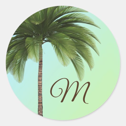 Tropical Palm Tree Green Elegant Monogram Runder Aufkleber (Vorderseite)