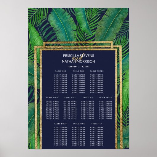 Tropical Palm Tree Green Gold Blue Seating Chart Poster (Vorne)