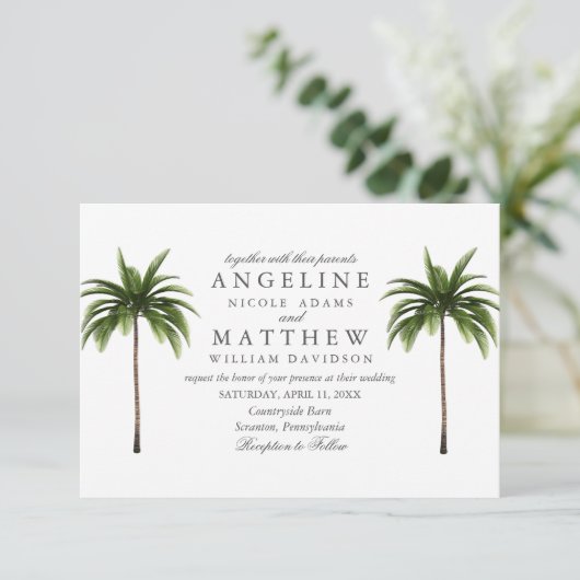 Tropical Palm Tree Green Wedding Card Einladung (Stehend Vorderseite)