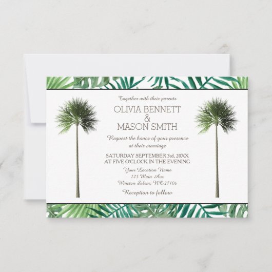 Tropical Palm Tree Green Wedding Card Einladung (Vorderseite)