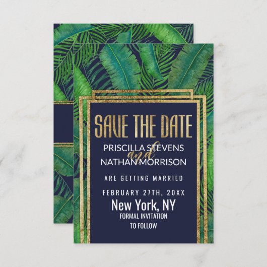 Tropical Palm Tree Greenery Gold Navy Blue Save The Date (Vorne/Hinten)