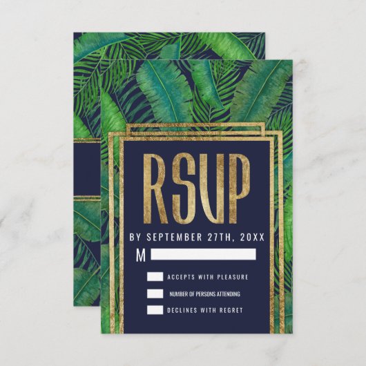 Tropical Palm Tree Greenery Gold Navy Blue UAWG RSVP Karte (Vorne/Hinten)