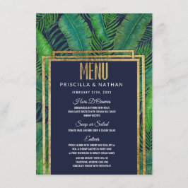 Tropical Palm Tree Greenery Gold Navy Blue Wedding Menükarte