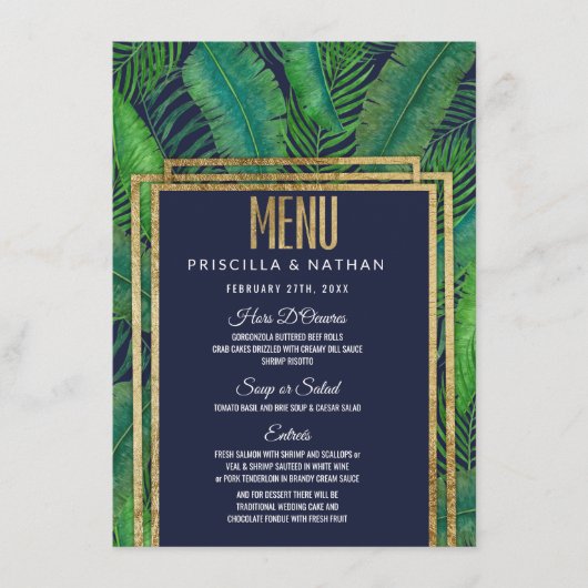 Tropical Palm Tree Greenery Gold Navy Blue Wedding Menükarte (Vorderseite)