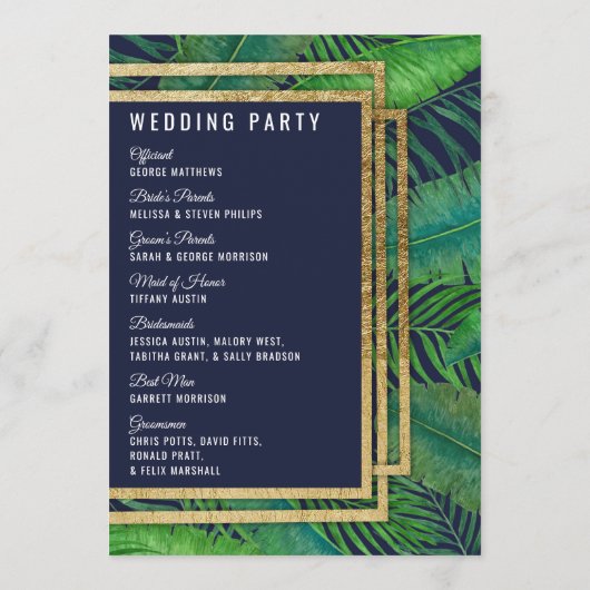 Tropical Palm Tree Greenery Gold Navy Blue Wedding Programm (Rückseite)