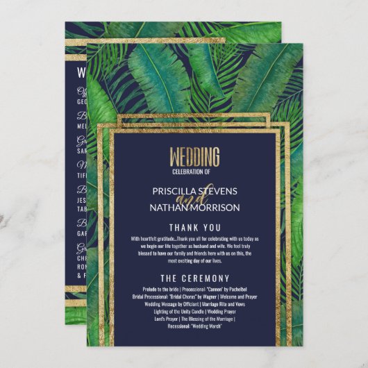 Tropical Palm Tree Greenery Gold Navy Blue Wedding Programm (Vorne/Hinten)