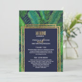 Tropical Palm Tree Greenery Gold Navy Blue Wedding Programm (Stehend Vorderseite)