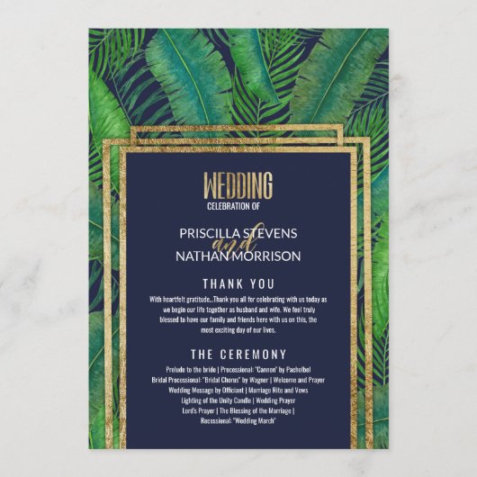 Tropical Palm Tree Greenery Gold Navy Blue Wedding Programm (Vorderseite)